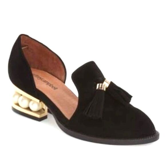 Jeffrey Campbell Civil Studded Loafer In Black Suede with Gold Hardware & Pearls - Picture 1 of 9